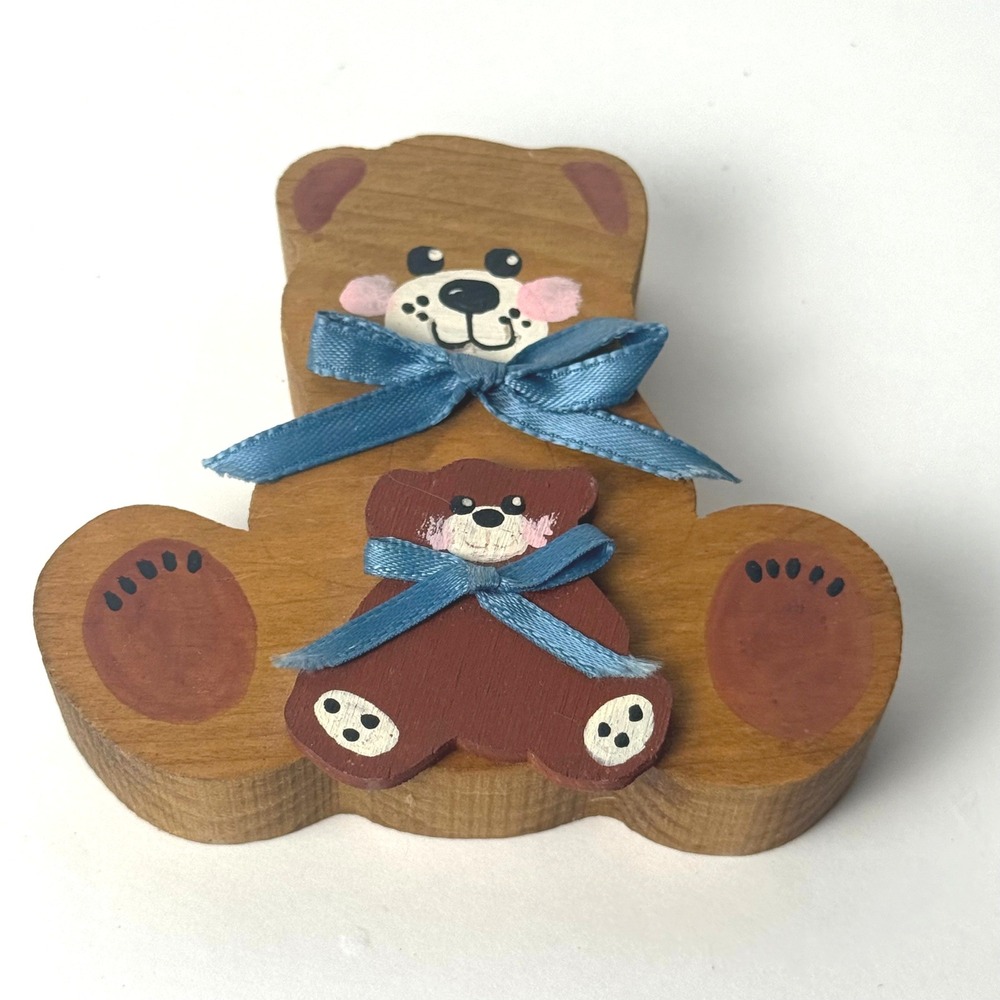 Vintage Hand Painted Wooden Teddy Bear Mama and Baby Figurine Blue Cottagecore